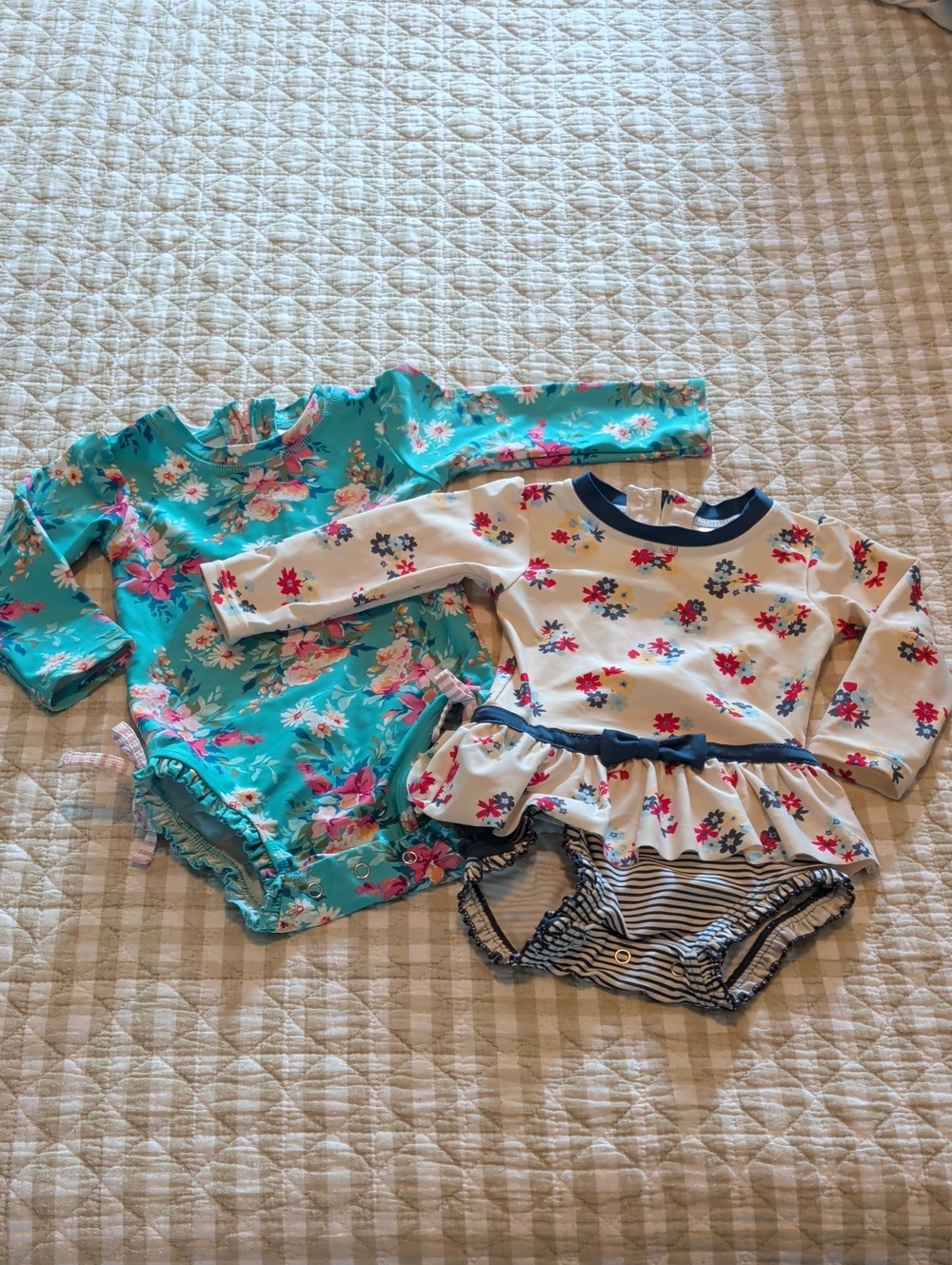 Ruffle Butts Turquoise Floral & White Floral Ruffle One-Piece Set Of Two